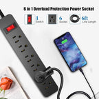 EXTRASTAR 6 Ft Extension Cord, 6 Outlets Power Strip,15A Build-in Circuit Breaker, 1875W, Mountable, Thin Flat Plug, Desktop Charging Station for Home School Office, Black