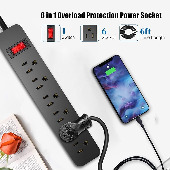 EXTRASTAR 6 Ft Extension Cord, 6 Outlets Power Strip,15A Build-in Circuit Breaker, 1875W, Mountable, Thin Flat Plug, Desktop Charging Station for Home School Office, Black