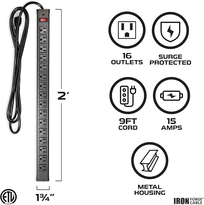 Iron Forge Cable 16 Outlet Heavy Duty Surge Protector Power Strip with Built-in Circuit Breaker, 14/3 SJT Black & Yellow with 9 ft Extension Cord