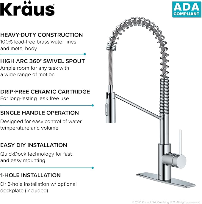 KRAUS Oletto Commercial Style Single Handle Pull Down Kitchen Faucet with QuickDock Top Mount Installation Assembly in Chrome, KPF-2631CH