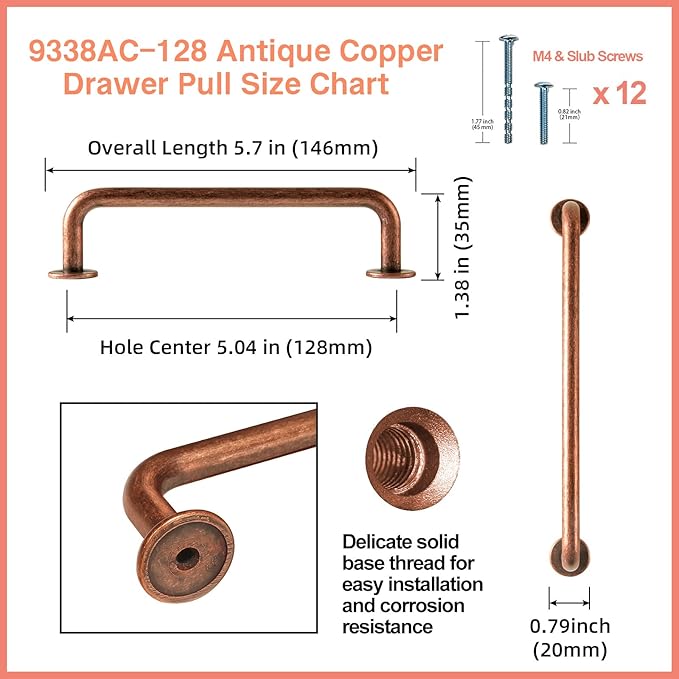 Goo-Ki 6 Pack Antique Copper Cabinet Pull Dark Copper Drawer Handles, 5.04 inch(128mm) c-c Solid Vintage Copper Bar Pulls Red Bronze Kitchen Hardware for Dresser Wardrobe Cupboard, 9338AC-128