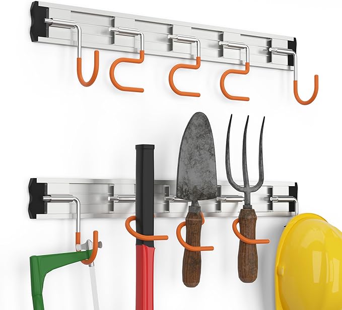 69'' Aluminum Alloy Garden Tool Organizer Wall Mount Garage Organizers and Storage with Hooks Tool Hangers for Shed Hooks for Shovel, Rake, Broom & More
