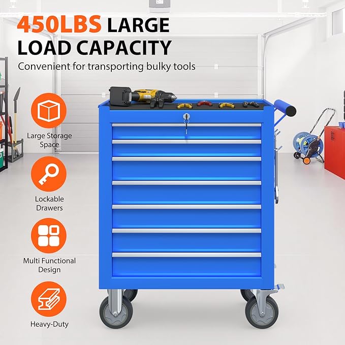 7-Drawer Rolling Tool Chest, Tool Box with 4 Wheels and Drawers, High Capacity Detachable Mobile Tool Storage Cabinet for Garage, Workshop, Mechanics and Repair Room (Blue)