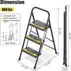 3 Step Ladder, Heavy-Duty 800lb Capacity, Wide Anti-Slip Steps & Secure Handrail Compact, Folding Step Stool Portable Design for Home, Kitchen, Office, Pantry, Closet Use, Black