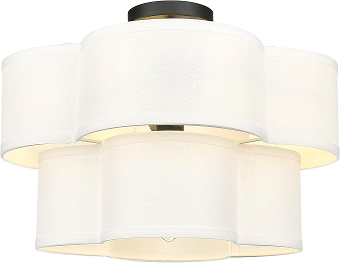 Black Semi Flush Mount Ceiling Lights, 5-Light 18" Ceiling Light Fixtures with Double Fabric Shade in Quatrefoil Shape, Drum Light for Nursery Bedroom, AD-22007-5SF-BK