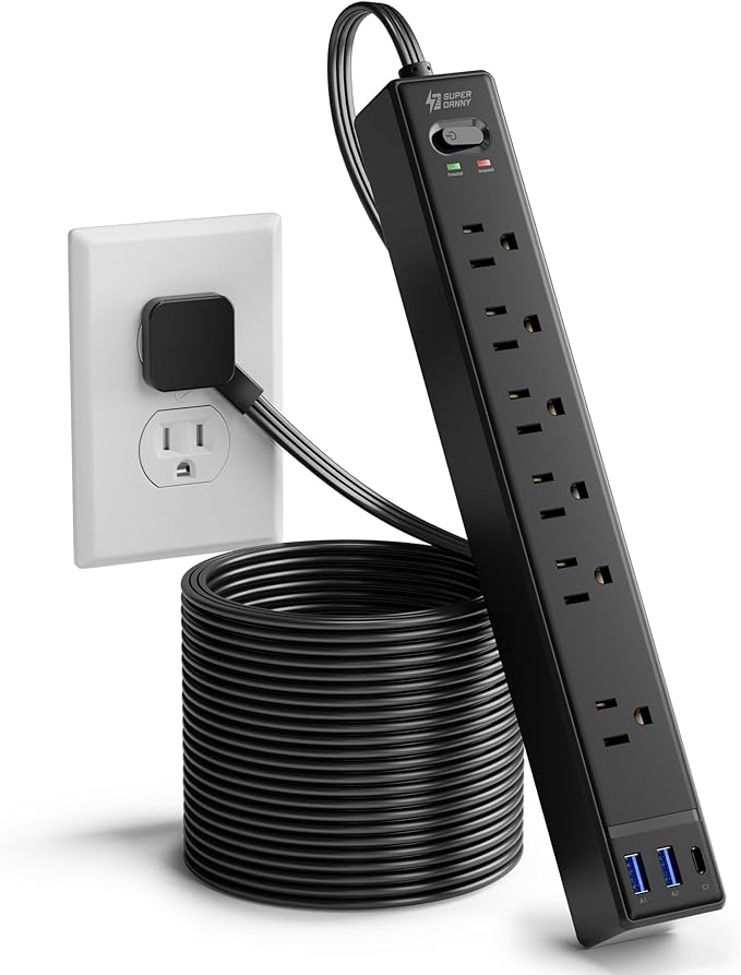 15Ft Long Extension Cord, SUPERDANNY Flat Plug Surge Protector Power Strip, 6 Outlets & 3 USB Ports, Desk Charging Station for Home Office, College Dorm Room Essentials