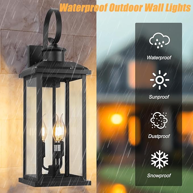 24" Extra Large Outdoor Wall Light Fixture 2-Pack, Black 3-Light Modern Porch Lantern, Waterproof Exterior Lighting Sconce Wall Mount, Outside Lamp for House Garage Patio E12 Base