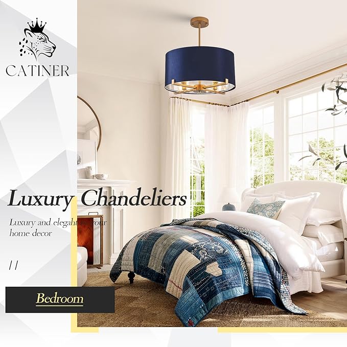 Drum Chandelier,18” Blue and Gold Round Ceiling Pendant Light Fixture Velvet Fabric Shade 4 Lights Modern Semi Flush Mount Hanging Chandelier for Dining Room Foyer Hallway