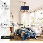 Drum Chandelier,18” Blue and Gold Round Ceiling Pendant Light Fixture Velvet Fabric Shade 4 Lights Modern Semi Flush Mount Hanging Chandelier for Dining Room Foyer Hallway