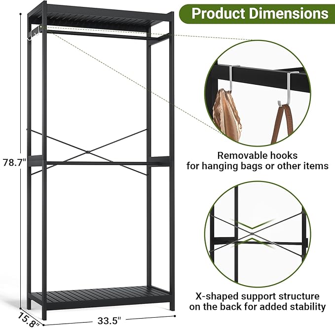 Homykic Bamboo Clothes Rack with Shelves and Double Hang Rods, Portable Closet System Garment Rack for Hanging Clothes, Tall Clothing Rack Corner Closet Organizer, Easy to Built, Freestanding, Black