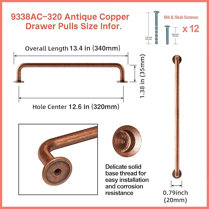 Goo-Ki 6 Pack Antique Copper Cabinet Handles Drawer Pull, 12.6"(320mm) c-c Solid Vintage Red Bronze Bar Pulls Kitchen Hardware for Appliance Dresser Wardrobe Cupboard, 9338AC-320