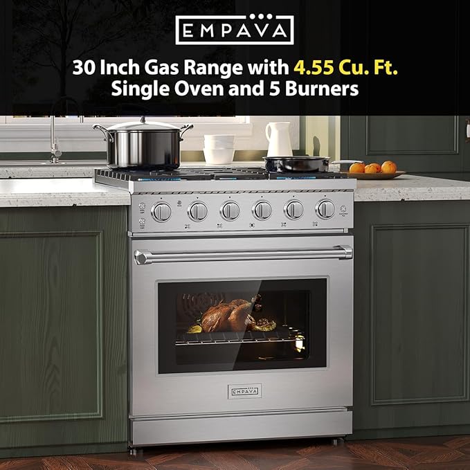 Empava Slide-in & Freestanding Gas Range Stove,4.55 Cu. Ft. Convection Oven Capacity with Mechanical Knobs Control-Heavy Duty Cast Iron Grates 5 Sealed Burners Cooktop, Stainless Steel,30 Inch