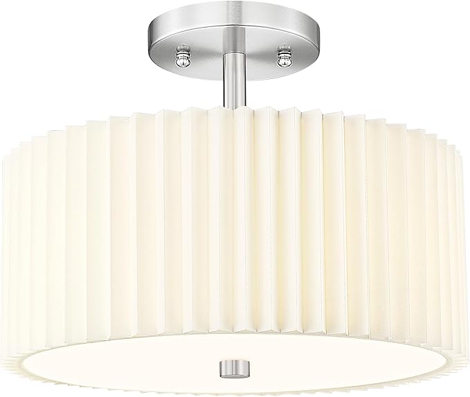 Semi Flush Mount Ceiling Light, 3-Light 12.5" Ceiling Light Fixture with White Pleated Fabric Shade, Brushed Nickel Drum Lamp for Nursery Hallway Bedroom Kitchen, AD-25036-3SF-SN