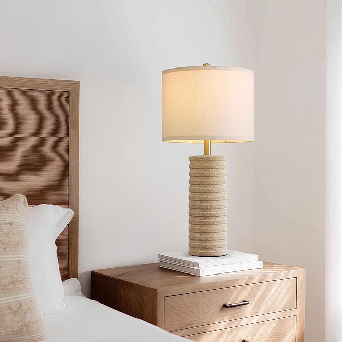 PoKat 27" Stone-Like Farmhouse Ceramic Table Lamps Set of 2 for Bedroom, Boho Nightstands Lamps for Night Stands, Distressed Beige Bedside Lamps with Natural Textured for Living Room, Sand-Colored