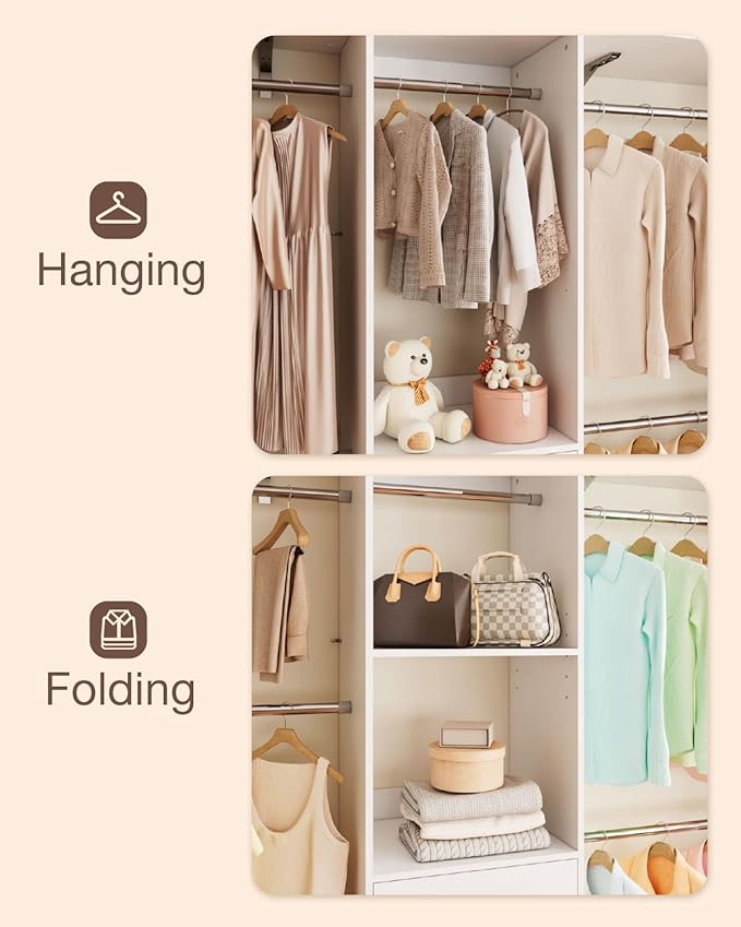 Closet System, 5-9FT Closet Organizer System with Wooden Drawers and Shoe Rack, Walk in Closet Organizers and Storage with 5 Adjustable Hanging Rods & Movable Shelves, Heavy Duty Wall Mount