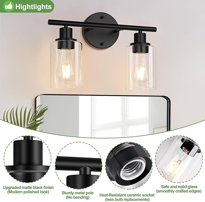 2-Light Bathroom Light Fixtures, Black Modern Vanity Lights with Clear Glass Shade, Bathroom Wall Lamp for Mirror Kitchen Living Room Hallway Cabinet Porch