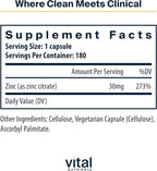 Vital Nutrients Zinc Citrate 30mg | Easily Absorbed Immune Support Supplement* | Vegan Zinc Supplement | Gluten, Dairy, Soy Free | Non-GMO | 30mg | 180 Capsules