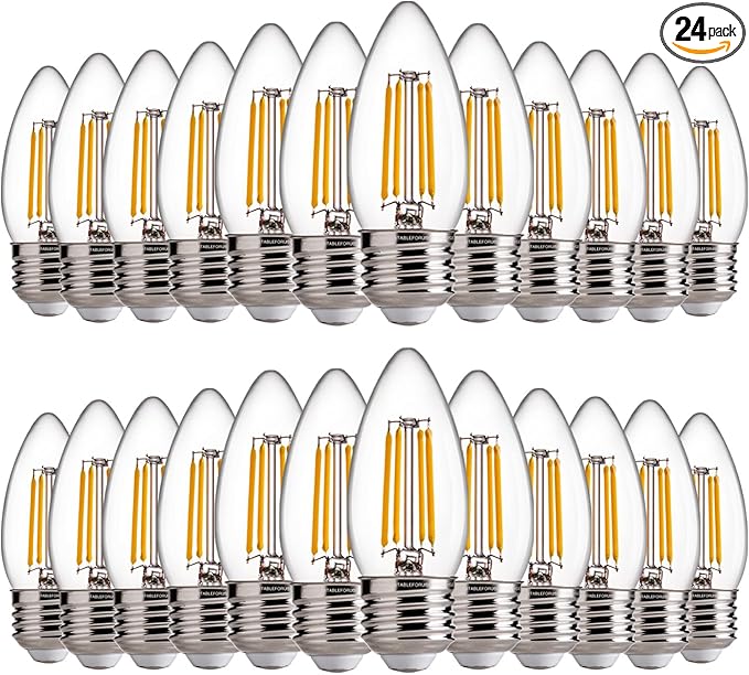 FLSNT LED Candelabra Light Bulbs 60W Equivalent E26 Base, Dimmable B11 LED Chandelier Light Bulbs, 2700K Soft White, 24 Pack UL,CA65 Listed.