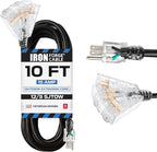 Iron Forge Cable 12 Gauge Extension Cord with Multiple Outlets - Black Heavy Duty Extension Cord 10 ft - 12/3 SJTOW, 3 Prong Lighted Outlet Cords