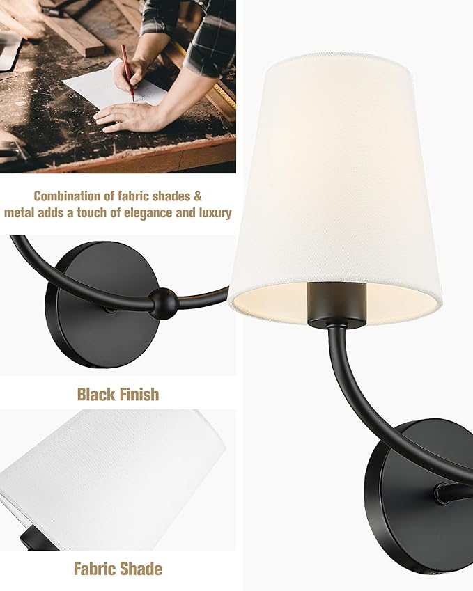 Emak Black Wall Sconces, 2-Light Bathroom Vanity Light Fixtures, Modern 19 Inch Bathroom Light Fixtures with White Fabric Shade for Bathroom, Living Room, Hallway, Bedroom, Stairway, VL116-BK-2