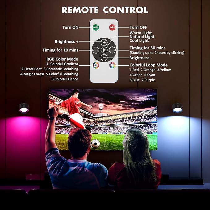 LED Wall Lights with Remote, 1 Pack RGB Rechargeable Wall Mounted Reading Sconces Lamp 3000mAh, 3 Colors & Dimmable Magnetic 360° Rotation Cordless Wall Lighting Spotlights for Bedroom Bedside Hallway