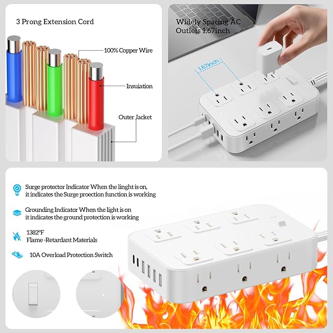 Flat Plug Power Strip Surge Protector with 12 AC Outlets 6 USB Ports 3 Side Multi Plug Outlet Extender 10 Ft Extension Cord for Home Office Kitchen Dorm Wall Desk Charging Station ETL Listed