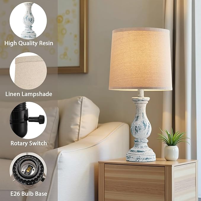 Seealle Farmhouse Table Lamps Set of 2 - Rustic Lamp for Bedroom Living Room, 22" Boho Bedside Lamps for Night Stands End Table Office Desk Lamp Nightstand Clearance with Linen Shades(Washed Blue)