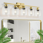 Modern Brushed Gold 5 Light Bathroom Vanity Light,31 inch Vanity Lights for Bathroom with Clear Glass for Mirror Kitchen Living Room Hallway Cabinet Porch