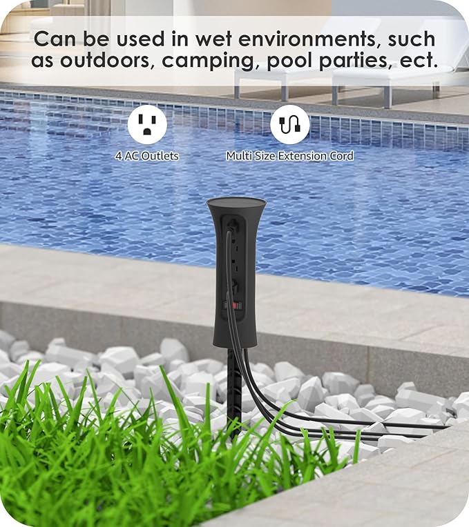 CCCEI Outdoor Power Strip Weatherproof with Stake, Waterproof Extension Cord with Multiple Outlets, Christmas Exterior Garden Decor, Yard, Camping, 4 Plugs, Surge Protector 15FT, Black.