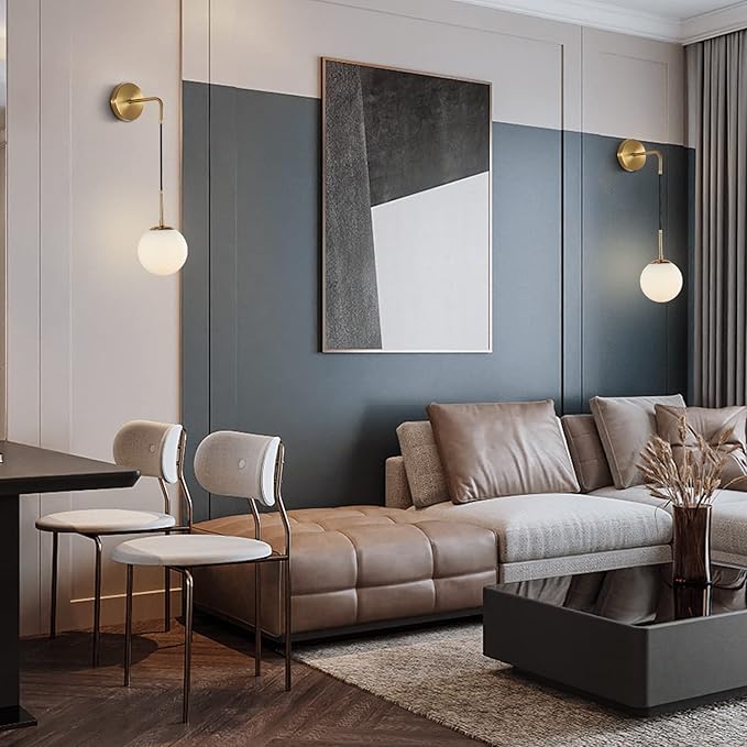 KCO Lighting Frosted White Glass Wall Sconce Set of Two Brass Gold Globe Ball Wall Light Adjustable Cord Industrial Vanity Wall Lamp for Bathroom Mirror Bedside Stairs (White)