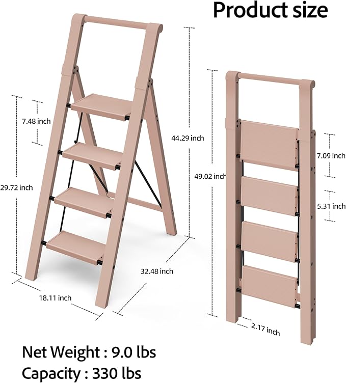 Taranta 4 Step Ladder, Lightweight Aluminum Step Stool with Convenient Handgrip, Folding Ladder with Anti-Slip Pedals, 330lbs Capacity Stepladder for Home, Office, Kitchen - Peach Pink