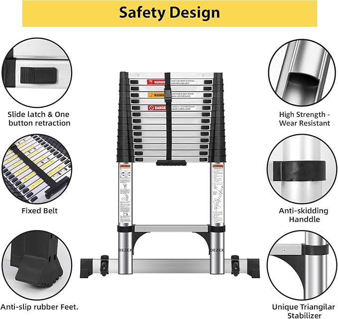 16.5 FT Stainless Steel Telescoping Ladders - One-Button Retraction Collapsible Extension Ladder for Home,RV,Attic,Lasts 375 LBS