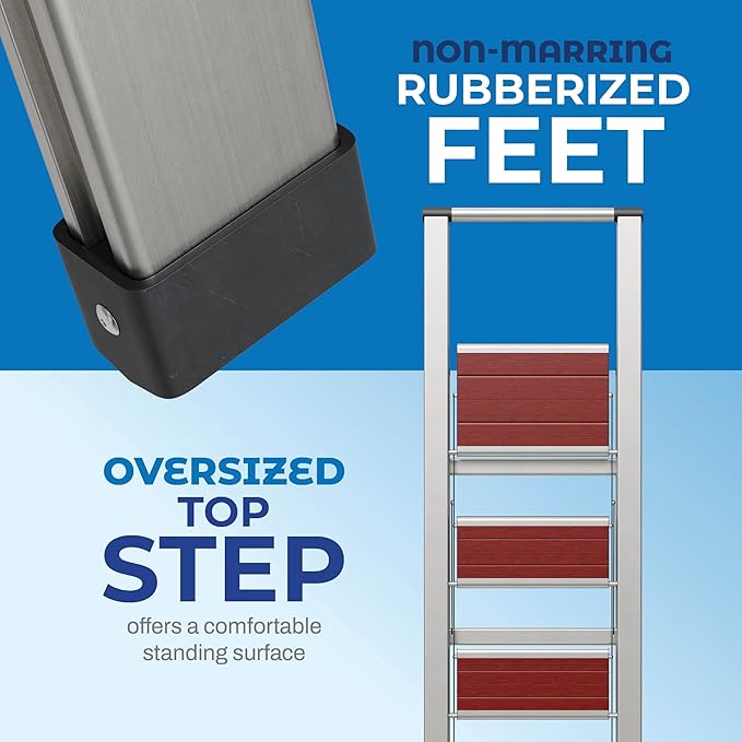 Step Ladder 4 Step Folding, Decorative - Beautiful Mahogany & Silver Aluminum, Ultra Slim Profile, Anti Slip Steps, Sturdy-Portable for Home, Office, Kitchen, Photography Use,by SORFEY