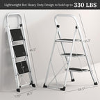 Lifetime Home 3-Step Ladder with Wide Anti-Slip Platform & Thick Rubber Feet - Lightweight Heavy Duty Foldable & Portable - 330 lbs Capacity, Steel Frame, Rubber Handgrip, Folding Step Stool - White