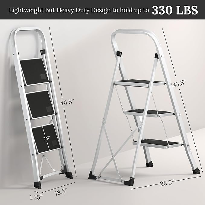Lifetime Home 3-Step Ladder with Wide Anti-Slip Platform & Thick Rubber Feet - Lightweight Heavy Duty Foldable & Portable - 330 lbs Capacity, Steel Frame, Rubber Handgrip, Folding Step Stool - White
