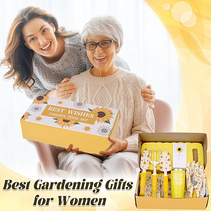 Gardening Gifts for Women, Gardening Tools for Women, 9 PCS Sunflower Garden Tools Set Kit with Garden Tool Bag, for Gardener Mom Grandma Aunt, Yellow