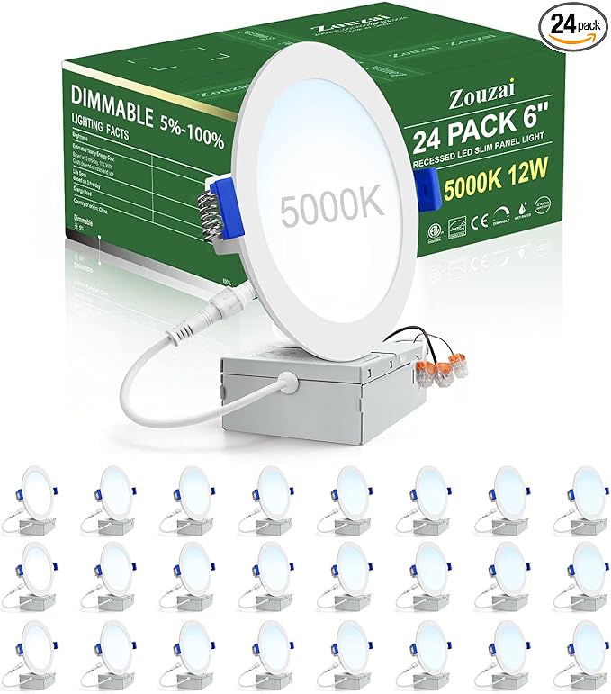 zouzai 24 Pack 6 Inch Ultra-Thin LED Recessed Ceiling Light with Junction Box, 5000K Daylight, 12W 110W Eqv, Dimmable Can-Killer Downlight, 1080LM High Brightness - ETL and Energy Star Certified