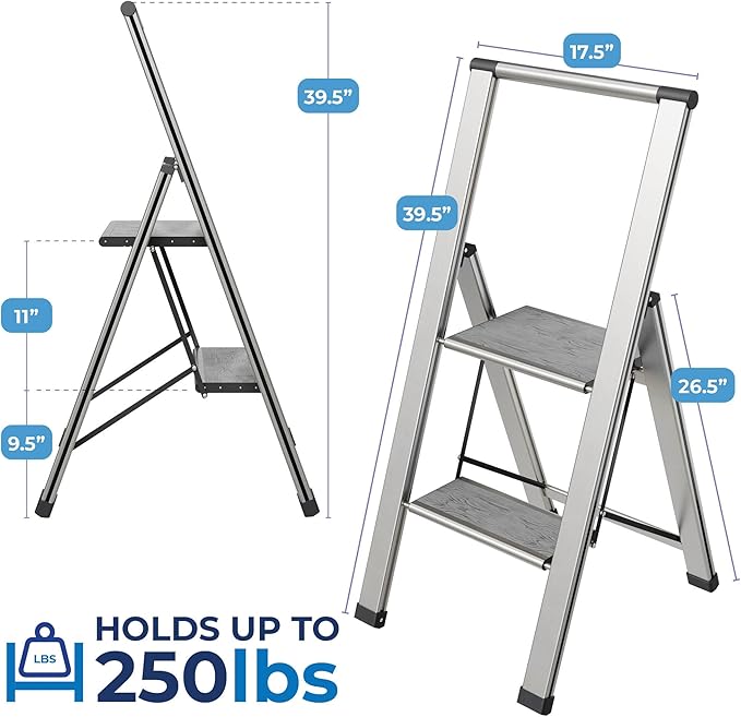 Step Ladder 2 Step Folding, Decorative - Beautiful Gray Wood & Silver Aluminum, Ultra Slim Profile, Anti Slip Steps, Sturdy-Portable for Home, Office, Kitchen, Photography Use,by SORFEY