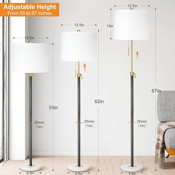 Floor Lamp for Living Room Adjustable Tall Standing Lamp, 3-Way Dimmable Floor Lamp for Bedroom Office, Black Gold Lamp with Marble Base and White Linen Shade