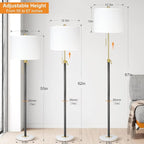 Floor Lamp for Living Room Adjustable Tall Standing Lamp, 3-Way Dimmable Floor Lamp for Bedroom Office, Black Gold Lamp with Marble Base and White Linen Shade