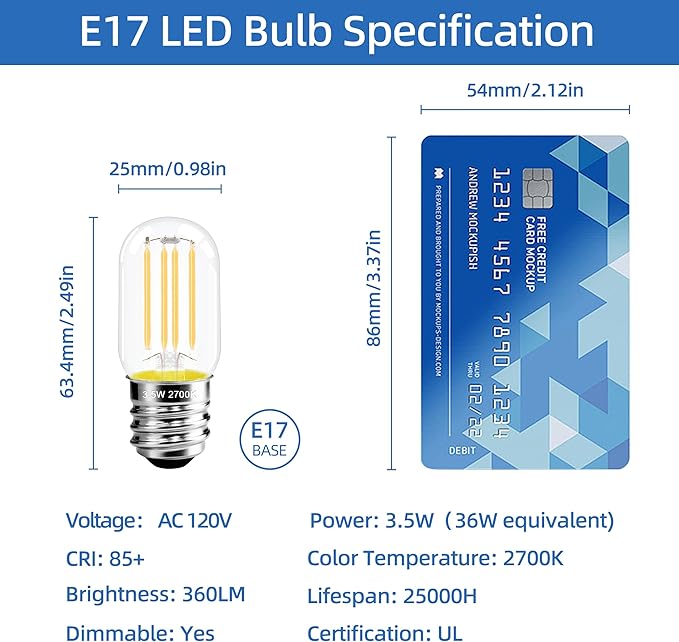 2.5 Inch E17 Intermediate Base LED Filament Bulb 360 Lumens, 2700K Soft White Dimmable Appliance Bulb AC 120V, UL Certified T8 Microwave Light Bulbs Under Hood for Refrigerator Stove 6Pack