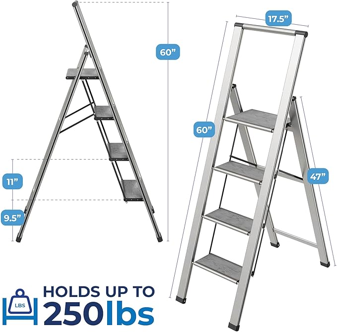 Step Ladder 4 Step Folding, Decorative - Beautiful Gray Wood & Silver Aluminum, Ultra Slim Profile, Anti Slip Steps, Sturdy-Portable for Home, Office, Kitchen, Photography Use,by SORFEY