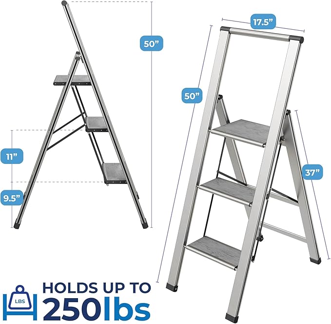 Step Ladder 3 Step Folding, Decorative - Beautiful Gray Wood & Silver Aluminum, Ultra Slim Profile, Anti Slip Steps, Sturdy-Portable for Home, Office, Kitchen, Photography Use,by SORFEY
