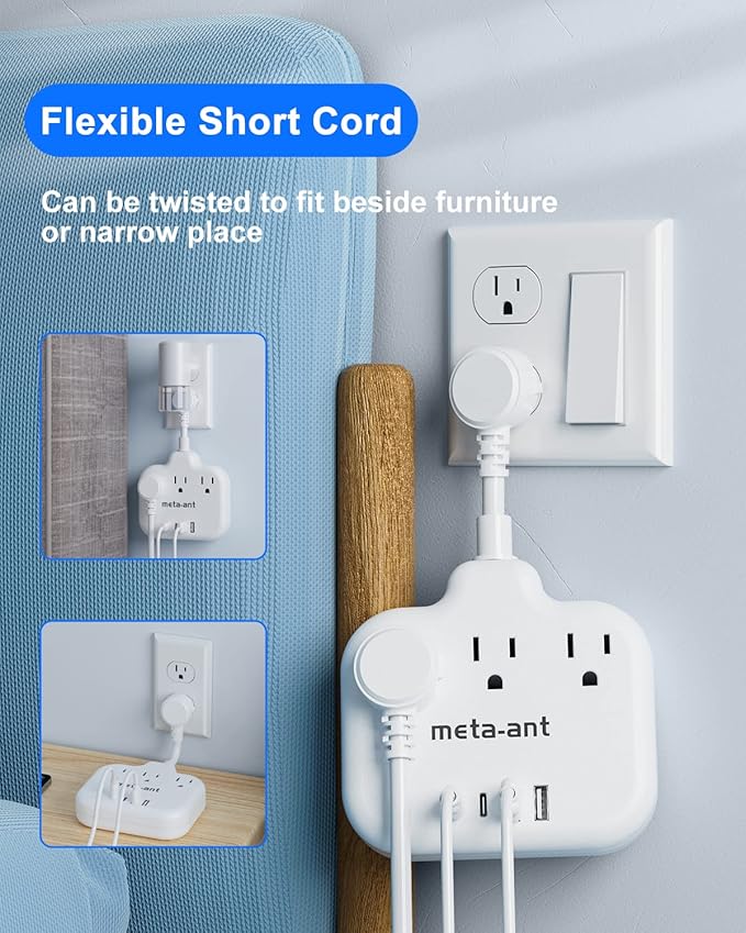Short Extension Cord 2 inch, Short Cord Power Strip with 3 Outlets 4 USB(2 USB-C) 17W, Flat Outlet Extender, Non-Blocking, Non-Surge Protection for Cruise Travel Dorm Kitchen Bathroom, White
