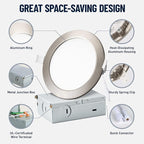 12 Pack Recessed Lighting 6 Inch with Junction Box, 5CCT 6 Inch Brushed Nickel LED Recessed Lights Dimmable 2700K-6000K, 15W 1200lm Ultra Thin Recessed Lighting - ETL and Energy Star Certified