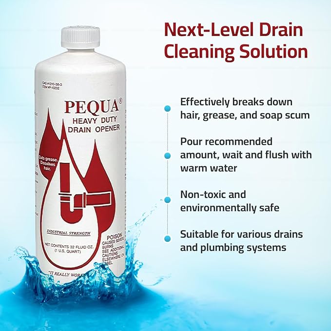 PEQUA INDUSTRIES Pequa Heavy Duty Drain Opener, Non-Acid, Fast-Acting Formula, Industrial strength Drain Cleaner for Sinks, Tubs, Septic Tanks - 32 Oz (Pack of 2)