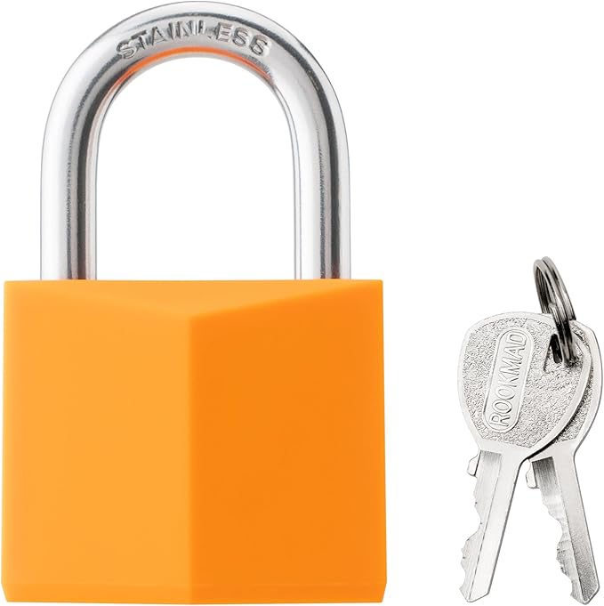 2-Pack Keyed Alike Locks, Orange Covered Brass Keyed Padlock with Stainless Steel Shackle, 1-9/16 Inch Lock Body, Rustproof Locks for Luggage Gate Fence Hasp Cabinet Toolbox Gym School Locker