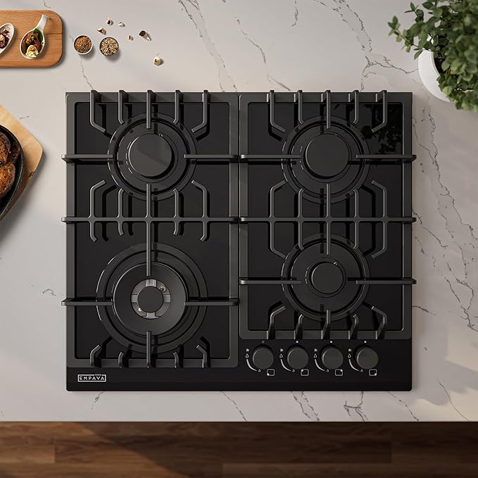 Empava 24" Gas Stove Cooktop 4 Italy Sabaf Sealed Burners NG/LPG Convertible Tempered Glass in Black, 24 Inch