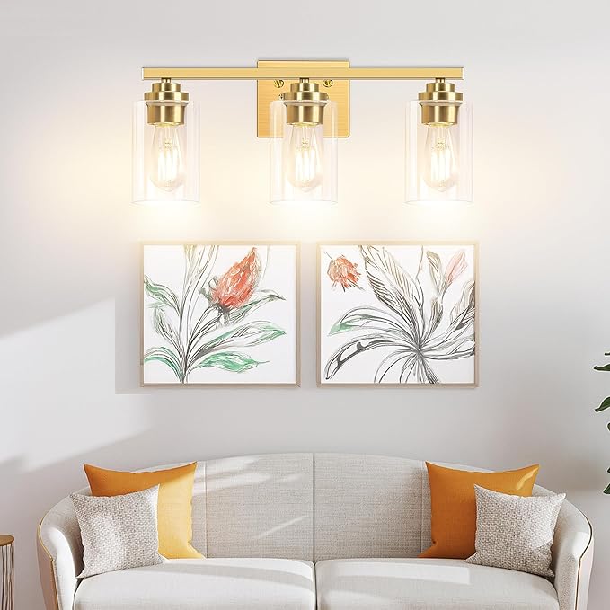 3-Light Bathroom Light Fixtures, 19" Modern Vanity Lights Over Mirror with Clear Glass Shades, Gold Light Fixture, Classic Wall Light Fixture for Mirror Living Room Cabinet Bedroom Porch