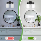 2-Light Vanity Lights, Black Bathroom Light Fixture with Striped Textured Milky White Glass Shade, Modern Vanity Lighting Fixture for Bathroom Wall Light Over Mirror, E26 Wall Sconce